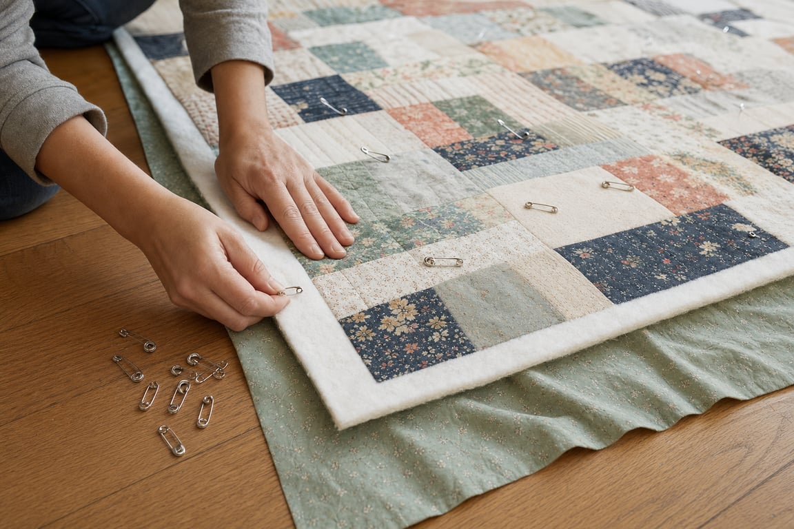 A quilt sandwich of backing, batting, and patchwork top smoothed flat on a floor, with curved safety pins being placed across it