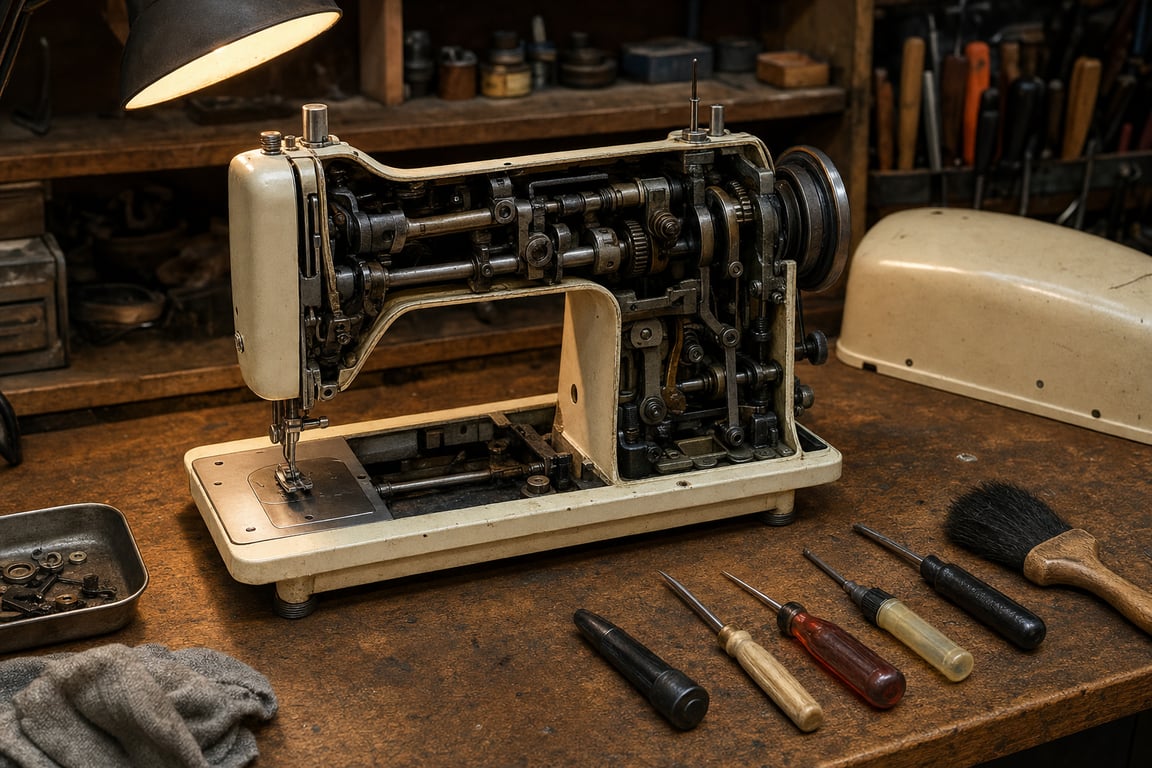 An opened sewing machine with its cover removed on a repair workbench, surrounded by small screwdrivers, an oil pen, and a lint brush