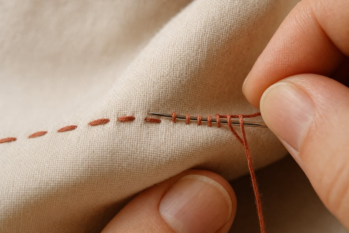 A needle woven through cream linen picking up several evenly spaced stitches, with a dashed line of rust-colored running stitches behind it