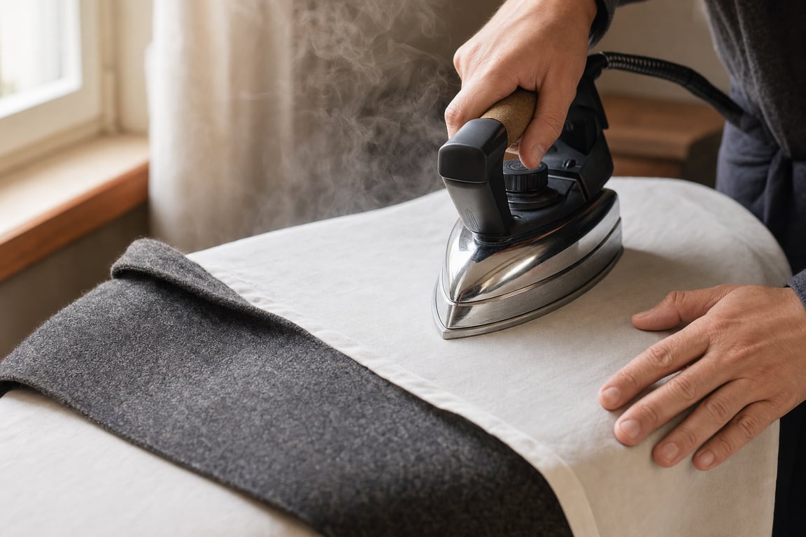 A steam iron pressing gray wool fabric through a white cotton press cloth on an ironing board, with light steam visible