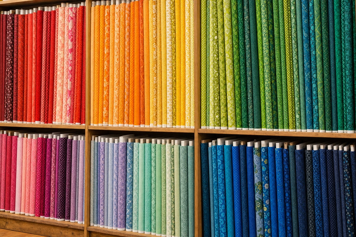 Bolts of quilting cotton arranged in a rainbow gradient on a quilt shop's wooden shelves