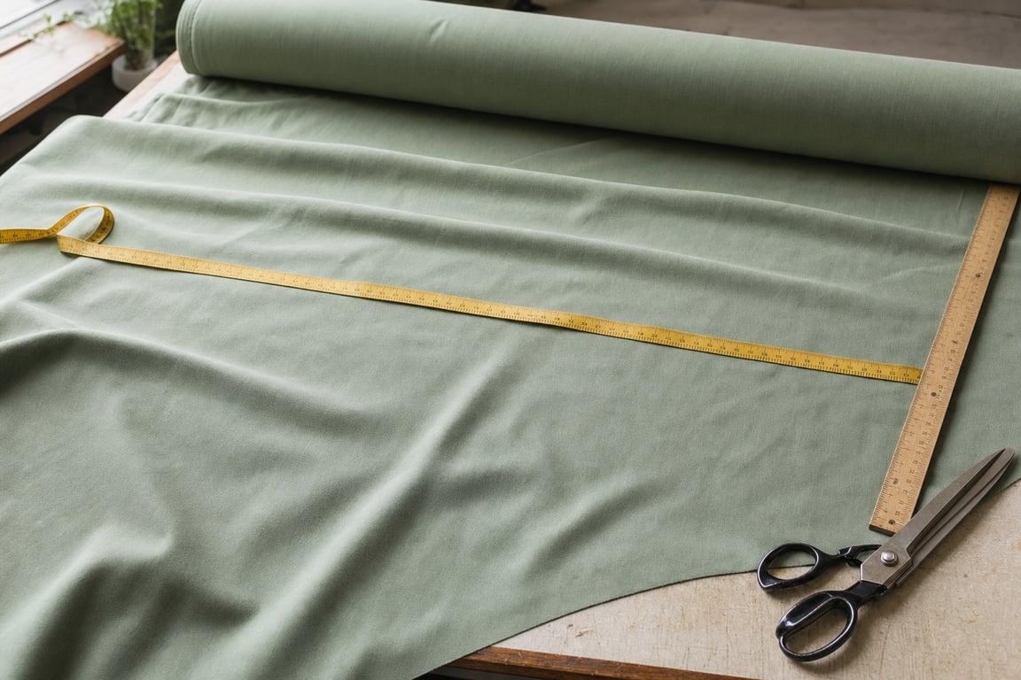 Sage green cotton fabric unrolled on a cutting counter with a tape measure stretched across it, a yardstick, and fabric shears