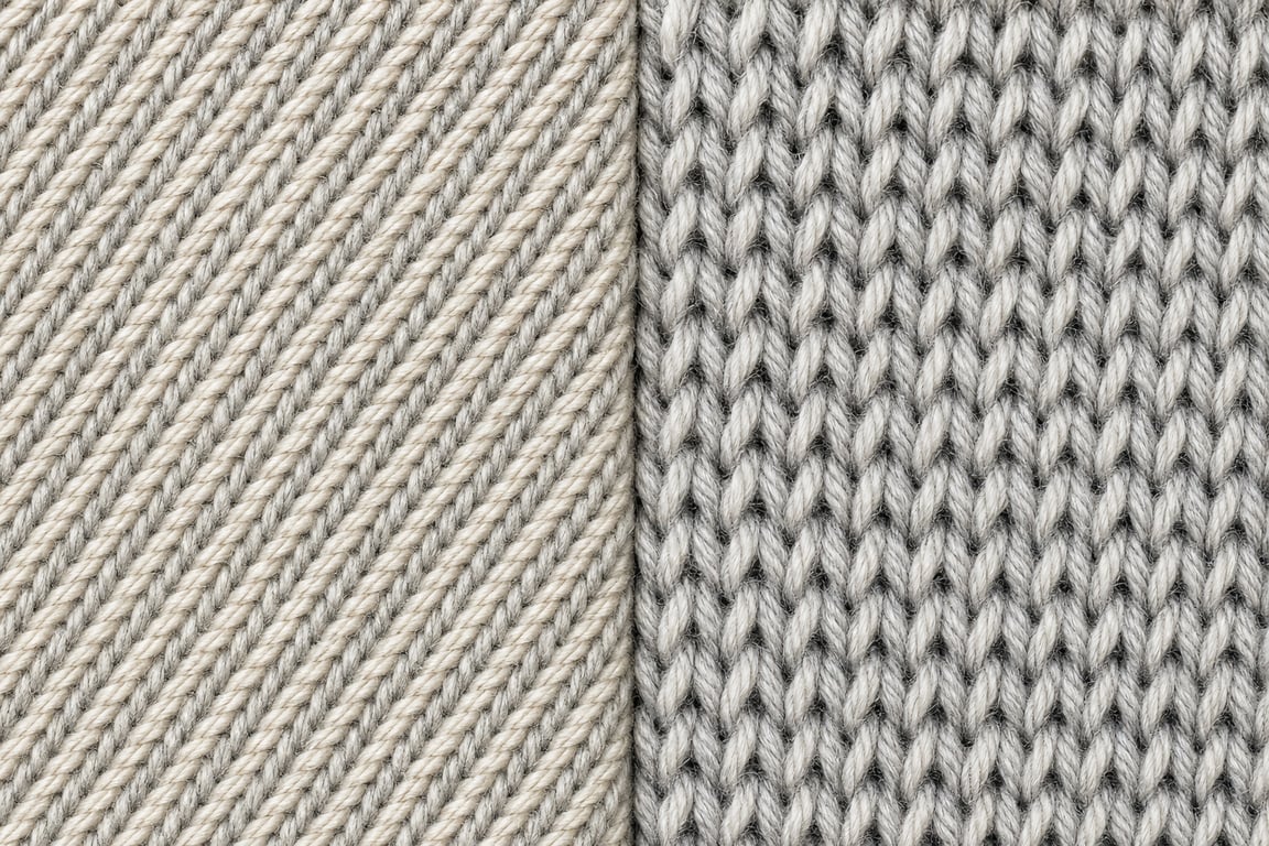 Extreme close-up of two fabric structures side by side: crossing diagonal threads of a woven twill and interlocking loops of a jersey knit