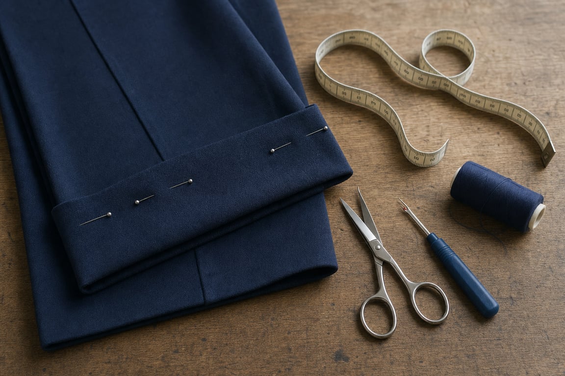 Navy trousers with a pinned turned-up hem on a wooden table, surrounded by a tape measure, scissors, seam ripper, and matching thread