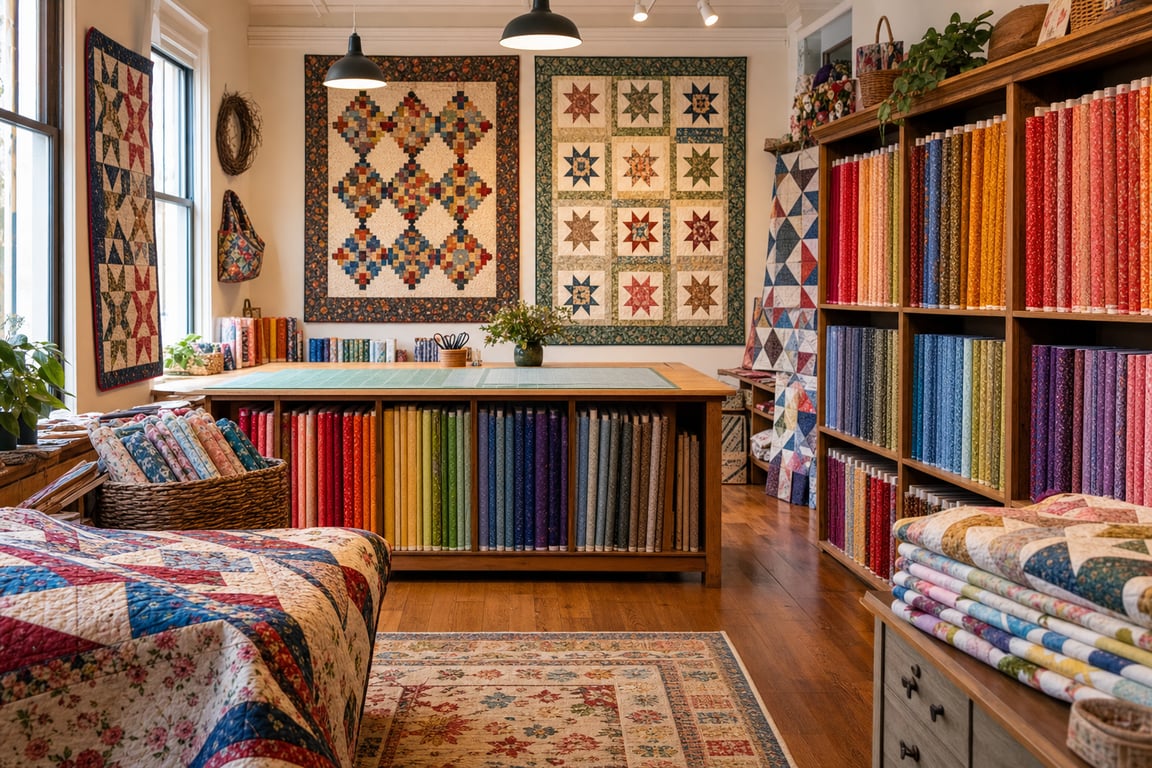 A quilt shop interior with colorful finished quilts on the walls and shelves of cotton bolts arranged by color