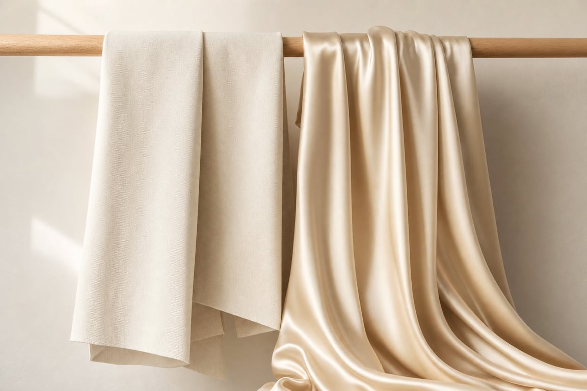 Two fabrics hanging side by side from a wooden rail: a crisp cotton twill holding stiff folds next to a fluid satin charmeuse falling in soft ripples
