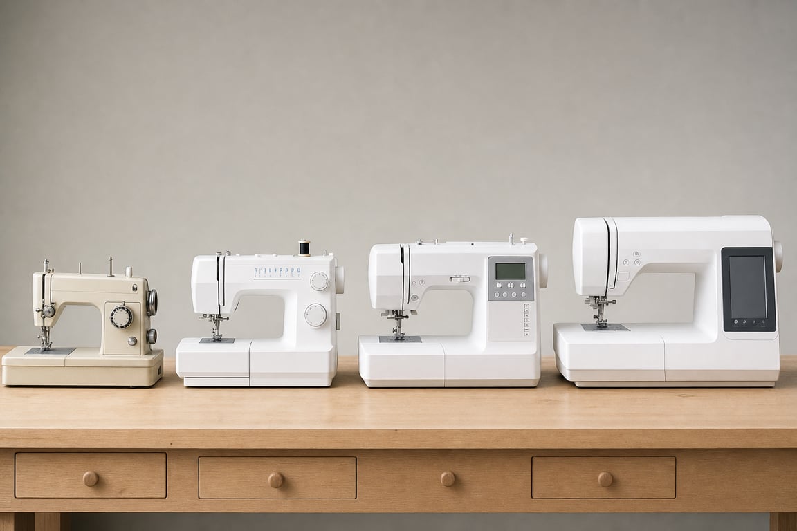 Four sewing machines of varying sizes and styles lined up side by side on a light wooden workbench