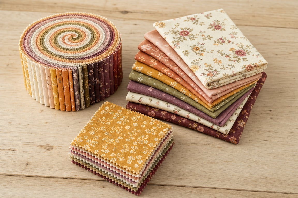 Quilting precuts on a wooden table: a rolled jelly roll of fabric strips, fanned fat quarters, and a stack of charm squares