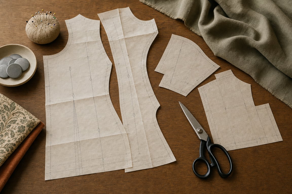 Folded tissue sewing pattern pieces spread on a wooden table beside fabric, a pin cushion, fabric weights, and scissors