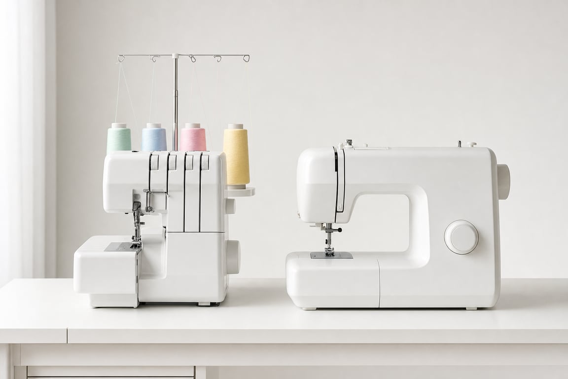 A serger with four cones of pastel thread next to a standard sewing machine on a white sewing table