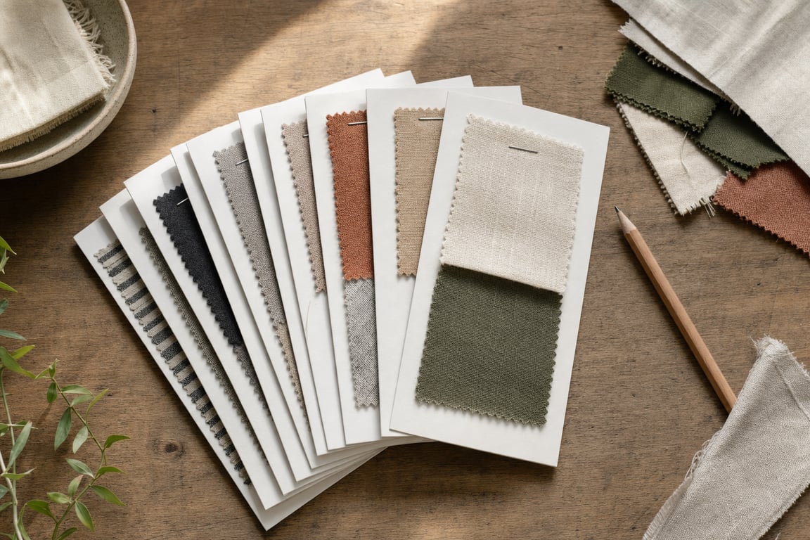 Index cards with small fabric swatches stapled to them, fanned out on a wooden desk beside loose fabric scraps