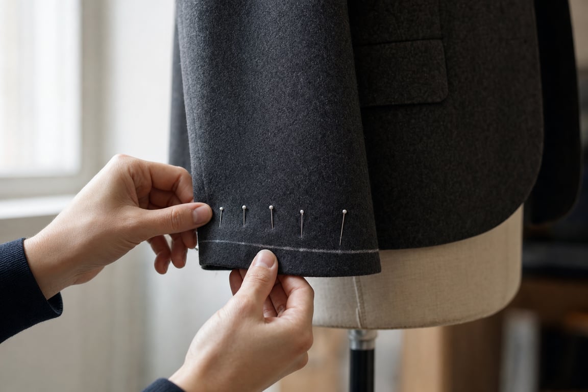 Hands pinning a new sleeve length on a charcoal wool blazer fitted on a dress form, with a tailor's chalk line visible