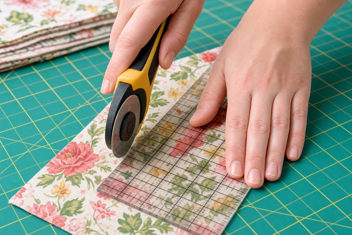 Hands cutting a strip of floral cotton with a rotary cutter guided by a clear acrylic ruler on a green cutting mat