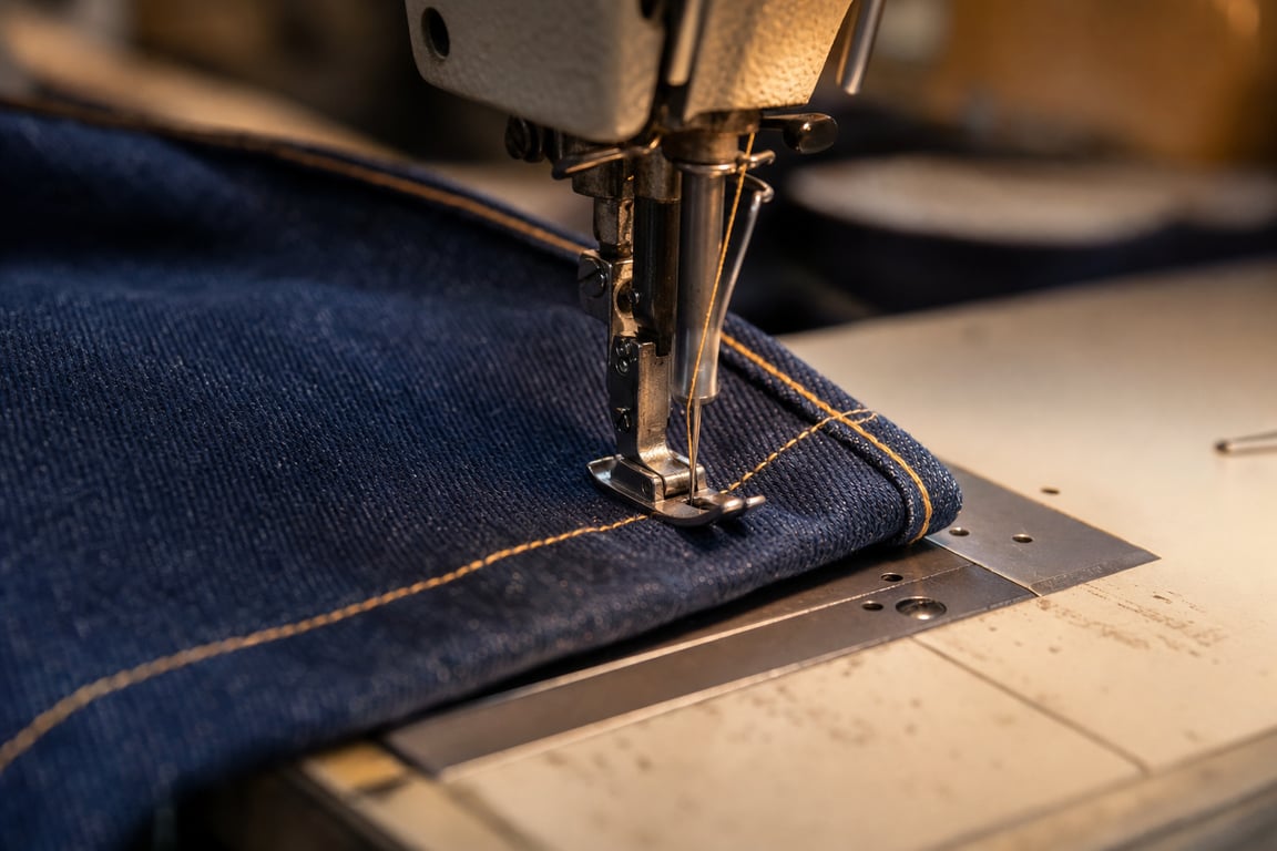 Dark denim jeans under a sewing machine presser foot, being hemmed with gold topstitching thread