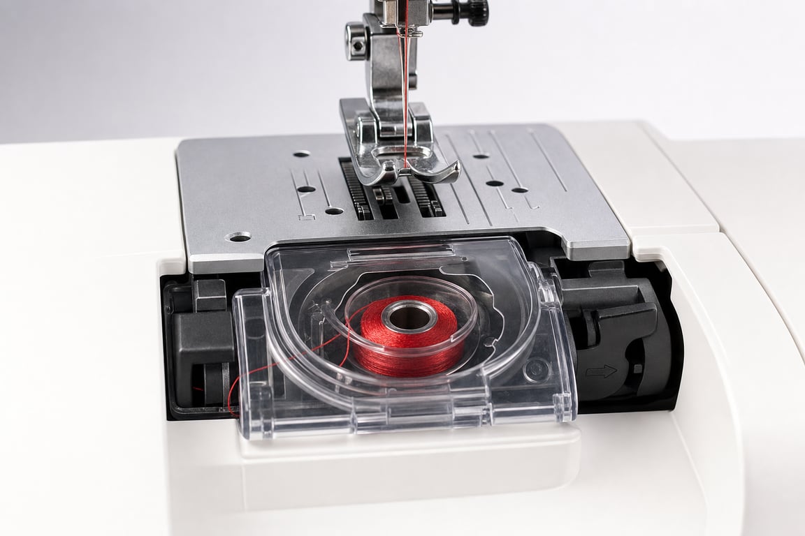 Close-up of a sewing machine's drop-in bobbin compartment with a clear cover showing a bobbin wound with red thread