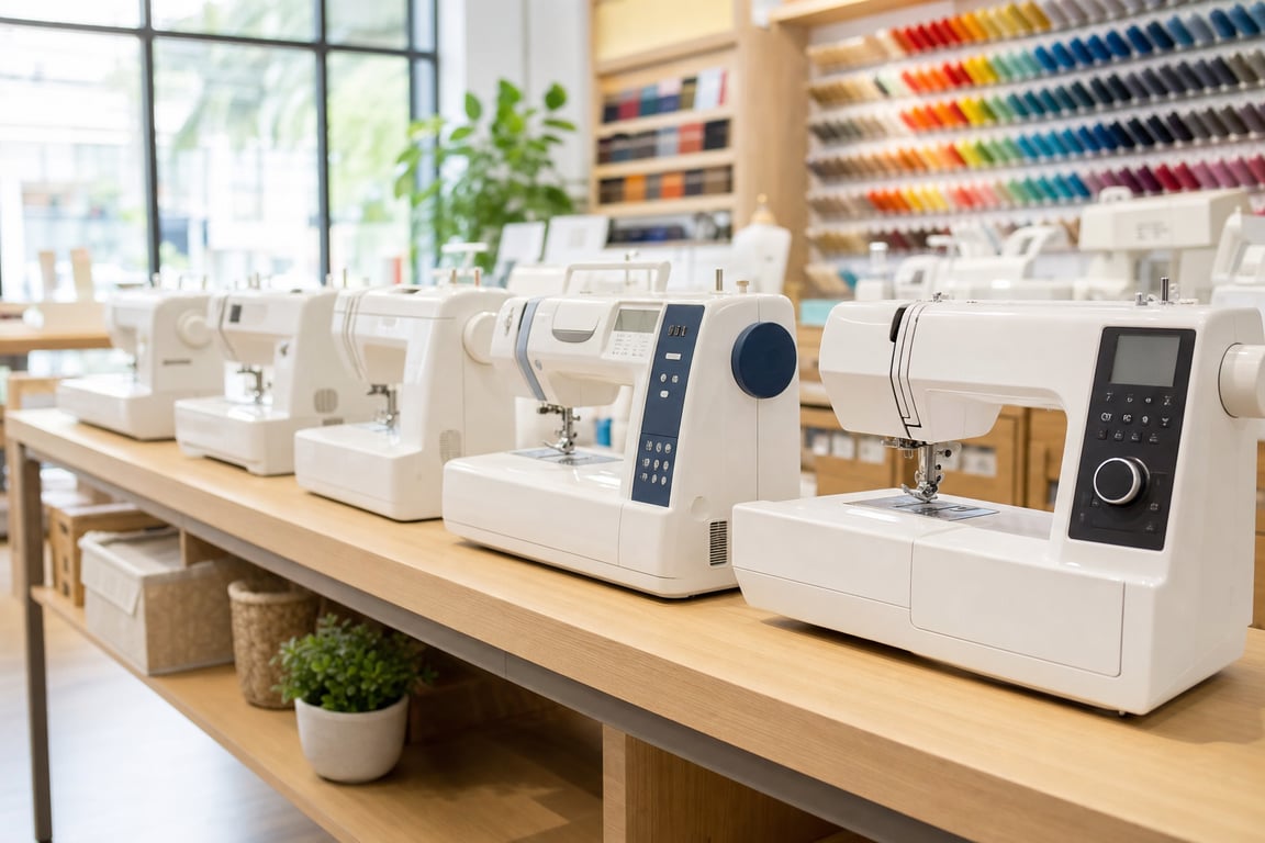 A row of modern sewing machines displayed on a long table in a bright dealer showroom, with a wall of colorful thread spools blurred in the background