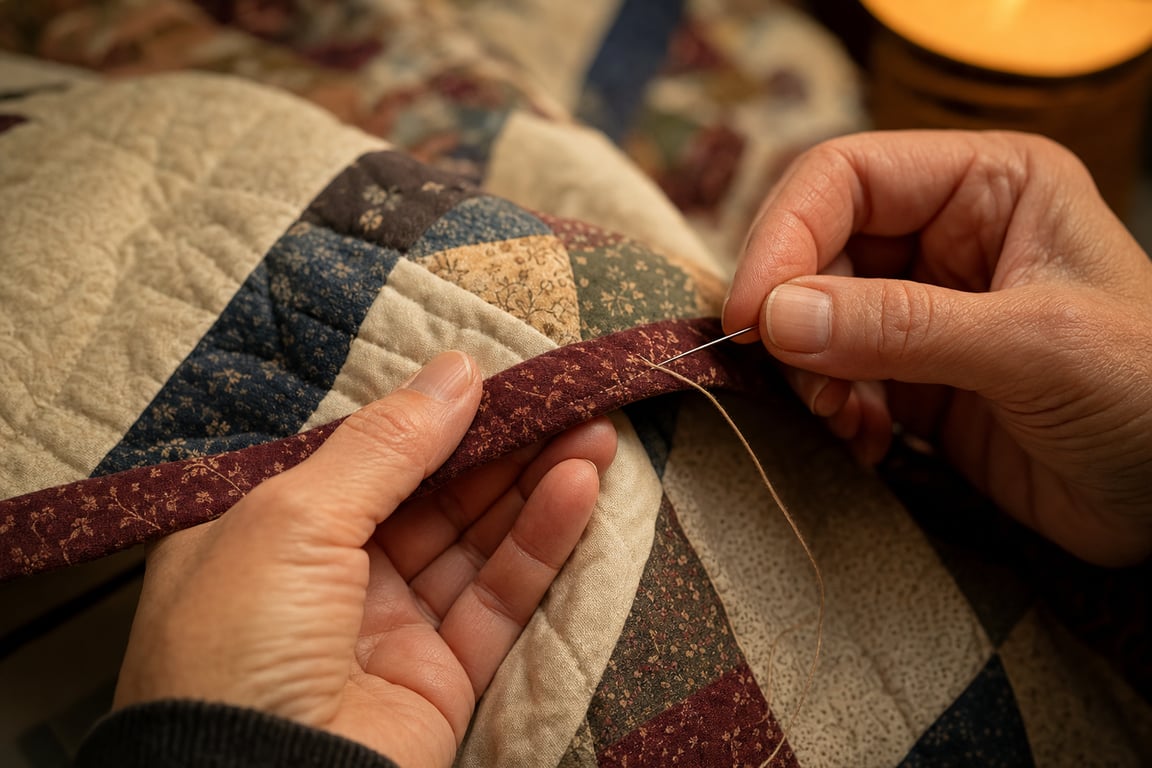 Hands stitching the folded binding along the edge of a patchwork quilt with a needle and coordinating thread