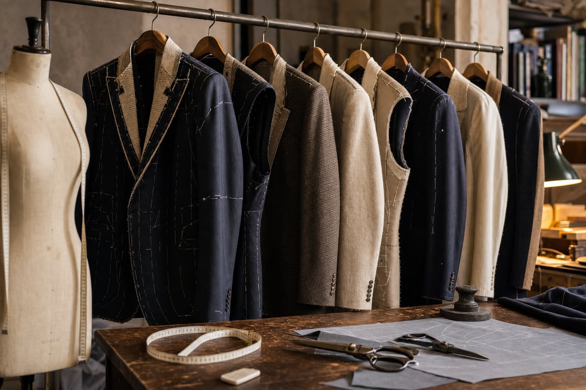 A tailor's rack of pinned and chalk-marked garments in progress, with shears and a tape measure on a work table in the foreground