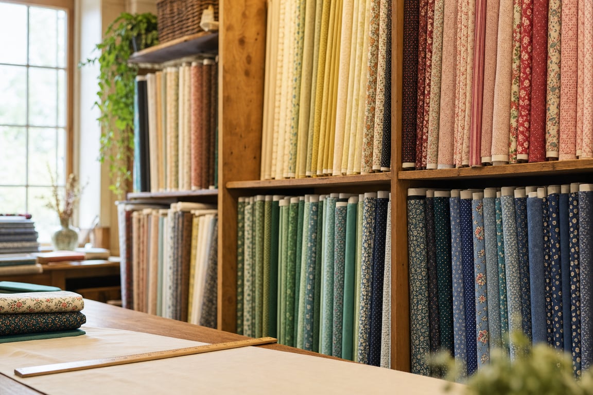 Bolts of colorful cotton fabric arranged on tall wooden shelves in an independent fabric store, with a cutting counter in the foreground