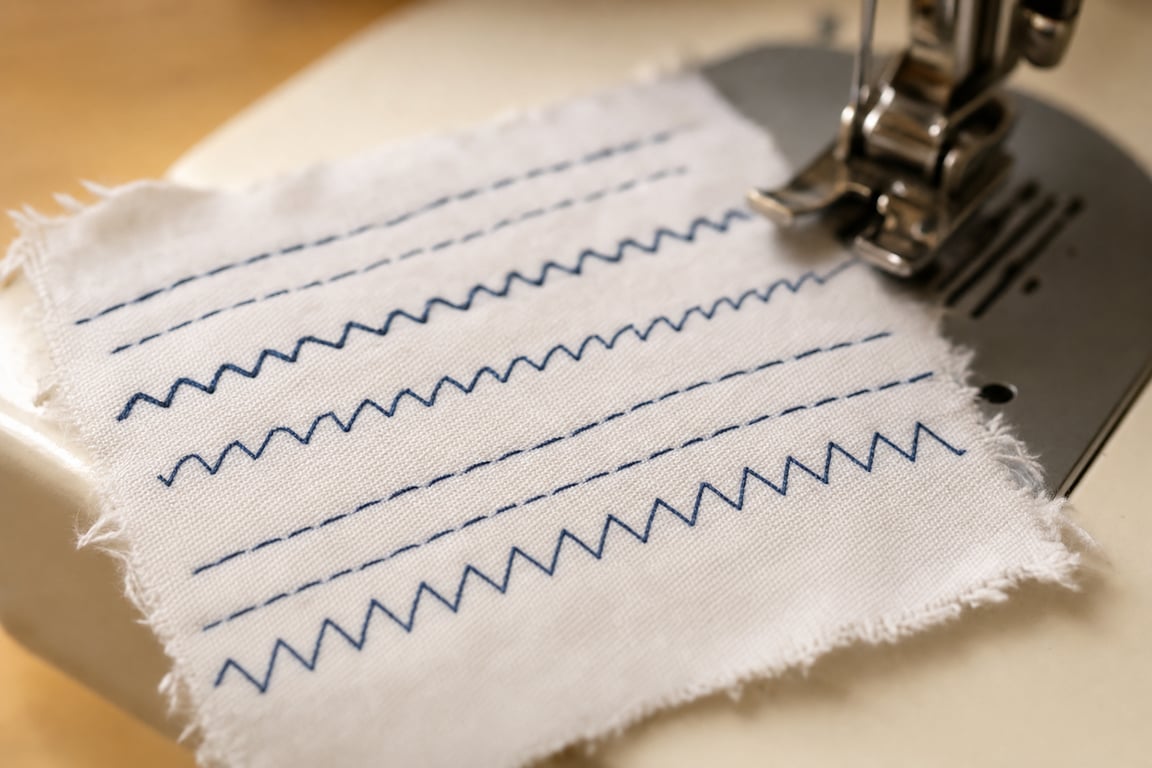 A white cotton scrap with neat rows of straight and zigzag test stitches in navy thread, resting on a sewing machine bed