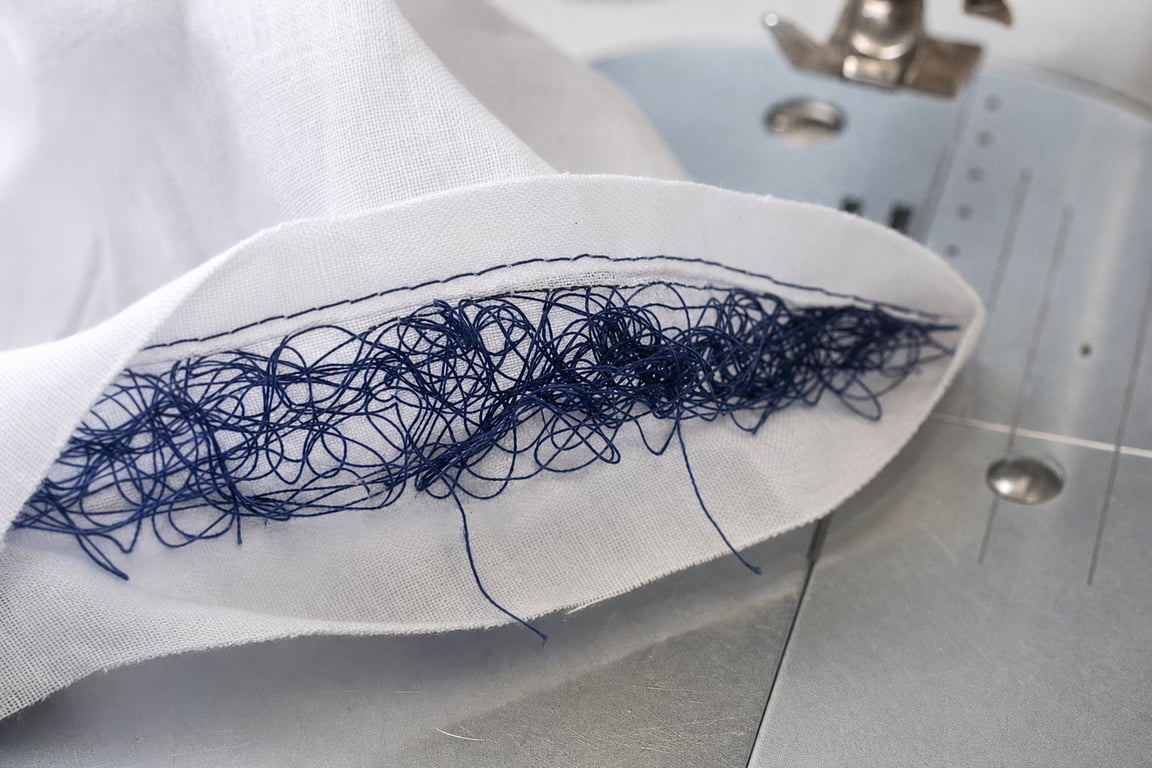 The underside of white fabric on a sewing machine bed showing a tangled birdnest of looping navy thread along the seam