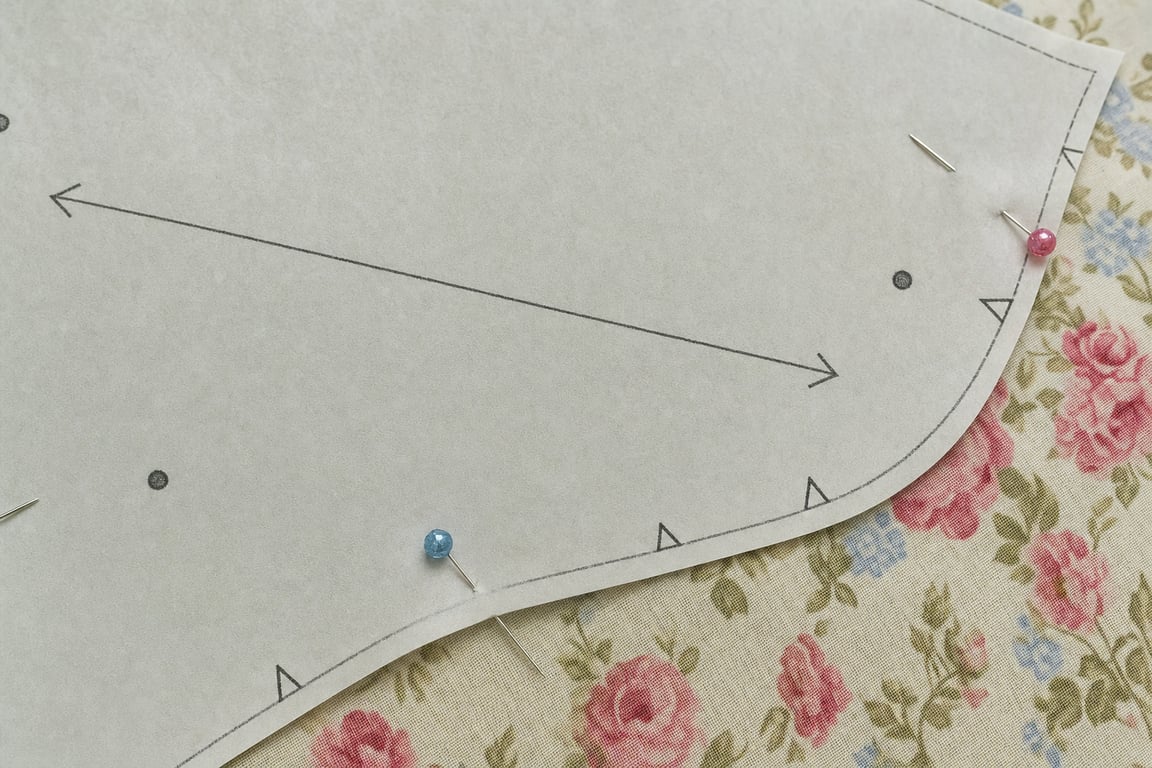 Sewing pattern tissue showing a grainline arrow, triangle notches, and dot markings, pinned over floral cotton fabric