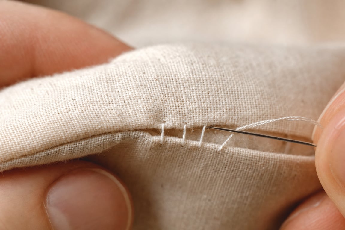 A needle making a ladder stitch across the folded edges of a seam opening on a cotton cushion, with loose thread rungs about to be pulled closed