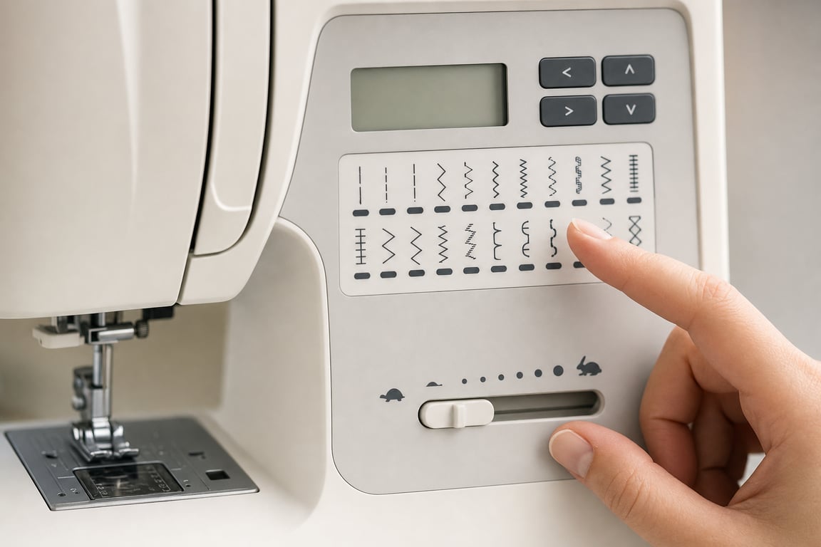 Close-up of a computerized sewing machine's stitch selection buttons and speed slider with a hand hovering near the controls