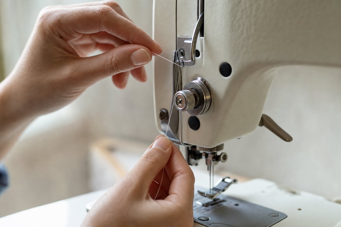 Hands guiding thread into a sewing machine's tension discs with the presser foot raised