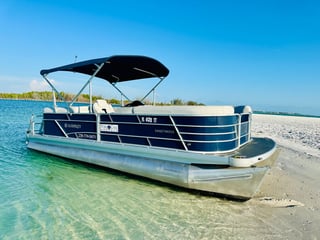 Navy and white pontoon boat beached on a white sand spit beside clear turquoise water under blue sky