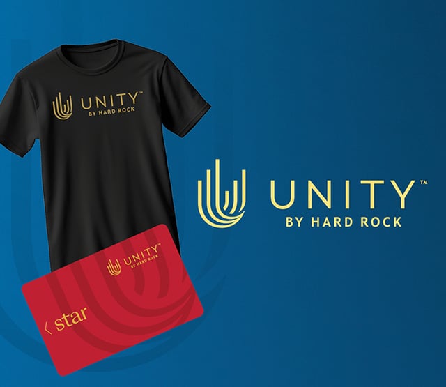 Unity by Hard Rock logo with a black branded T-shirt and red Star membership card on a blue background