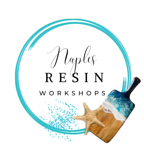 Naples Resin Workshops logo with a turquoise brushed circle, starfish and wave-art wooden serving board
