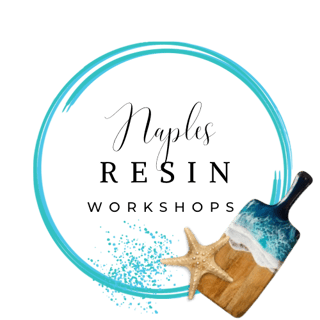Naples Resin Workshops logo with a turquoise brushed circle, starfish and wave-art wooden serving board