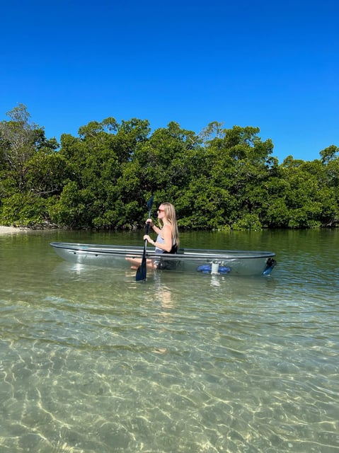 Woman paddling a clear kayak through shallow turquoise water beside a green mangrove shoreline under blue sky