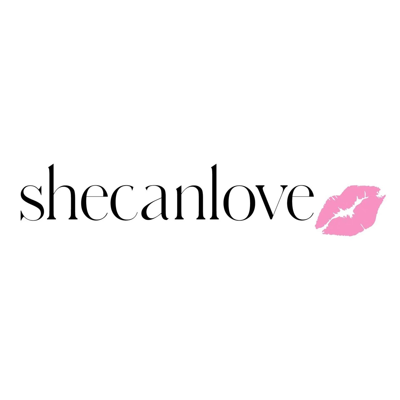 shecanlove logo with black serif lettering and a pink lipstick kiss mark