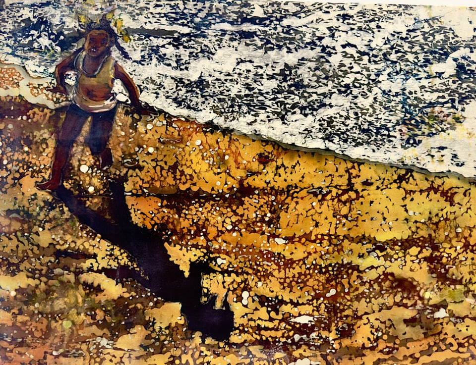 Muffy Clak Gill Yellow Ribbons batik on silk 18 x 24 in rq1x6a