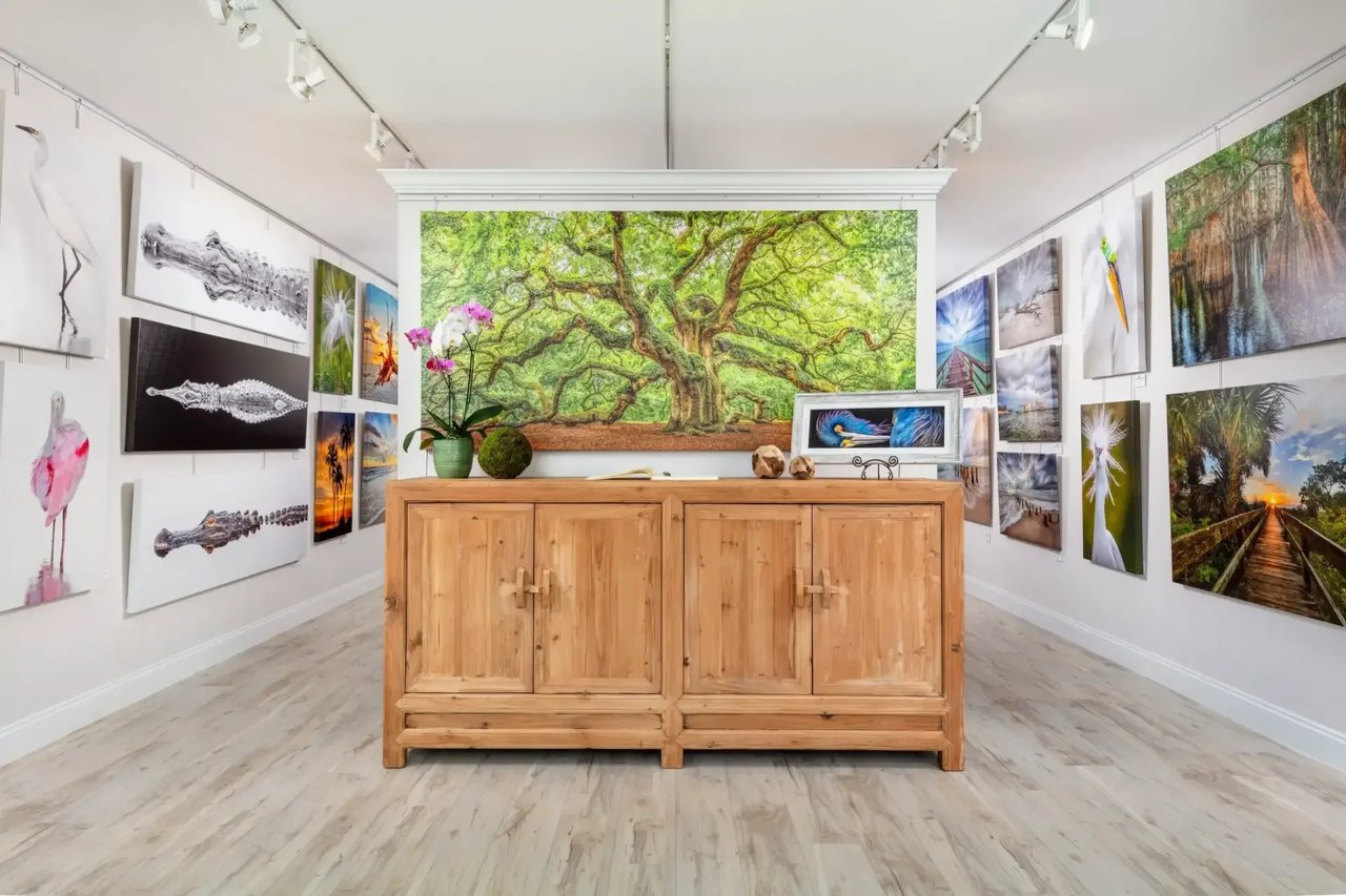 Gallery interior at Dennis Goodman Fine Art Photography with nature prints on white walls and a wooden counter topped with orchids