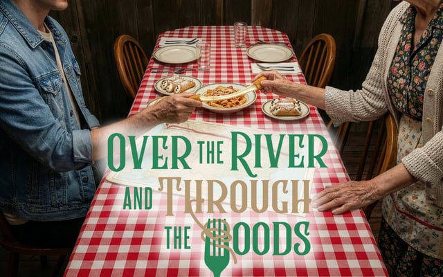 Over the River and Through the Woods title over a red checkered table set with pasta and cannoli