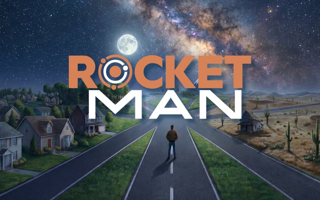 Rocket Man promotional artwork with a man standing at a fork in the road under a starry Milky Way sky