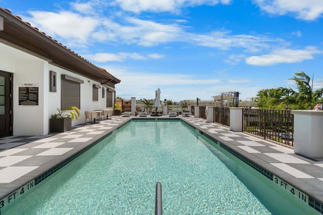 Long rooftop lap pool bordered by black and white checkered tile under blue sky with palms nearby