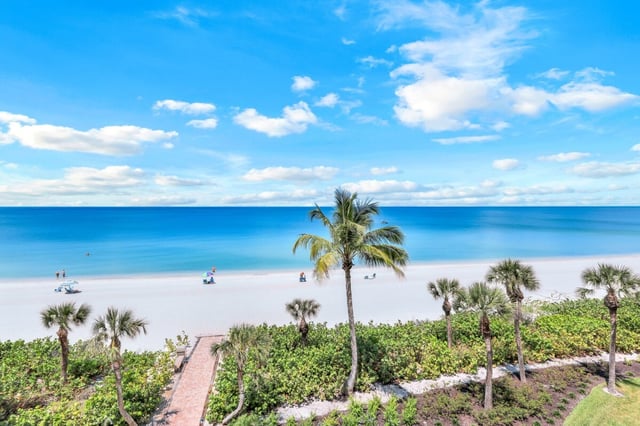 Elevated view over palms and sea grape to a white sand beach and calm turquoise Gulf water under blue sky