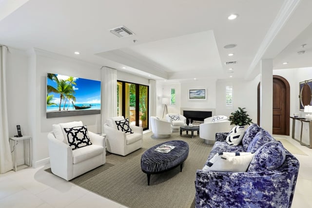 Bright coastal living room with white armchairs, blue patterned sofa, wall-mounted TV and fireplace
`
Comment démontrer : $f$ est une fonction $\mathb