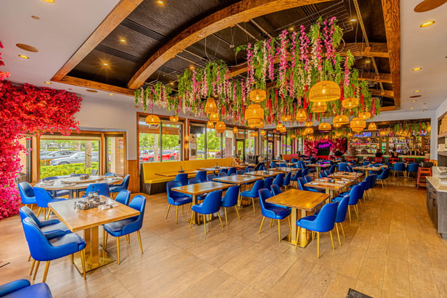 Bright dining room with blue chairs, wooden tables, hanging flowers, wicker lamps and a bar beyond