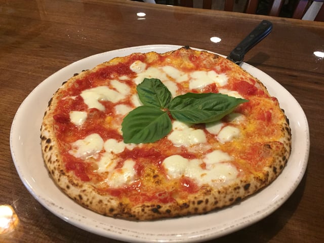 Wood-fired margherita pizza with mozzarella and fresh basil on a white plate on a wooden table