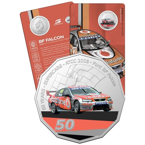 2020 50c 2008 ford bf falcon - 60 years of supercars coloured coin in card