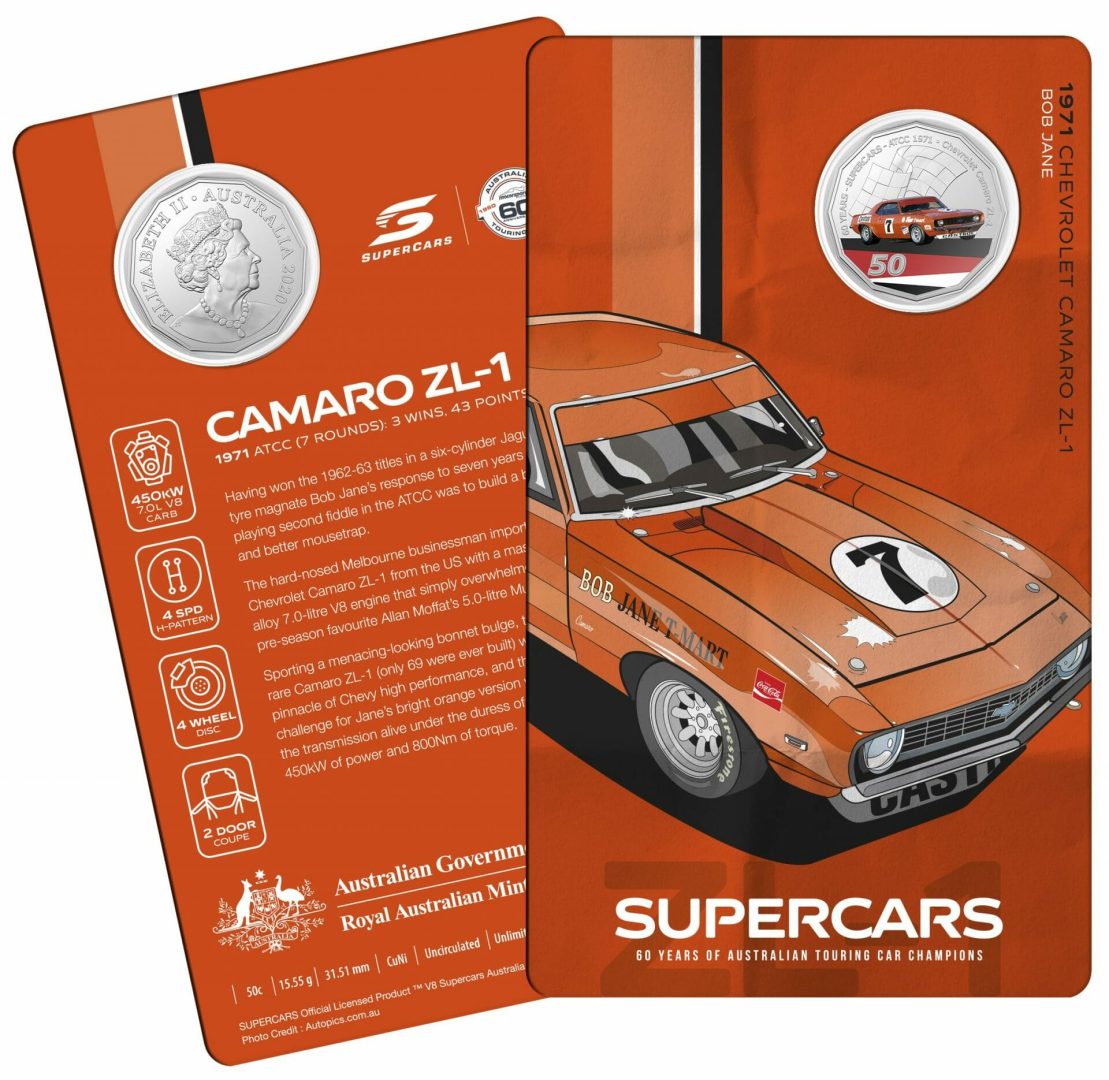 10495-2020-50c-1971-chevrolet-camaro-zl-1-60-years-of-supercars-coloured-coin-in-card