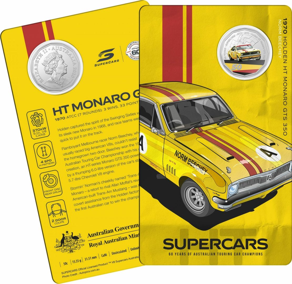 10494-2020-50c-1970-holden-ht-monaro-gts-350-60-years-of-supercars-coloured-coin-in-card