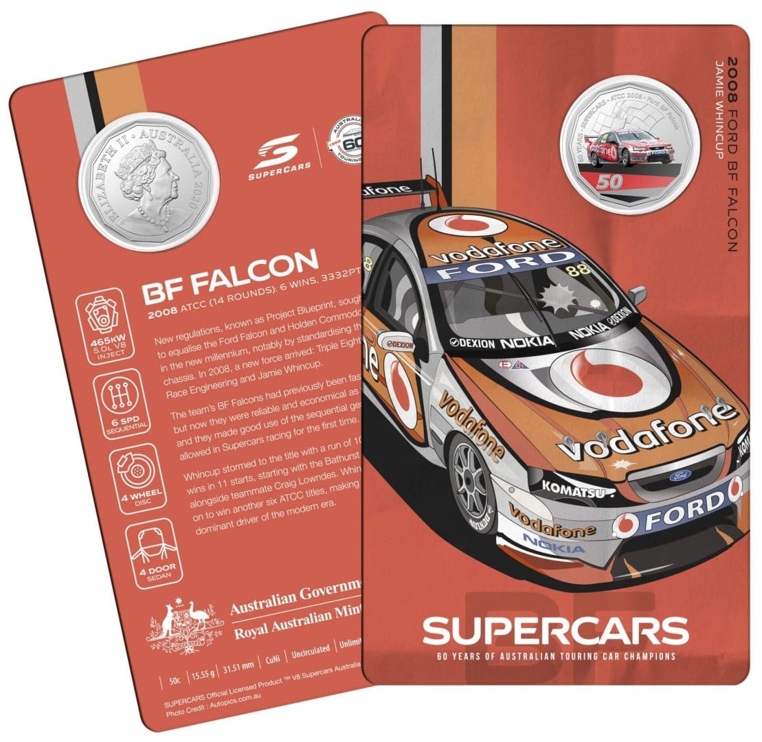 10501-2020-50c-2008-ford-bf-falcon-60-years-of-supercars-coloured-coin-in-card-2020-50c-2008-ford-bf-falcon-60-years-of-supercars-coloured-coin-in-card