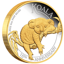 2022 australian koala 15th anniversary 3oz. 9999 silver proof gilded coin