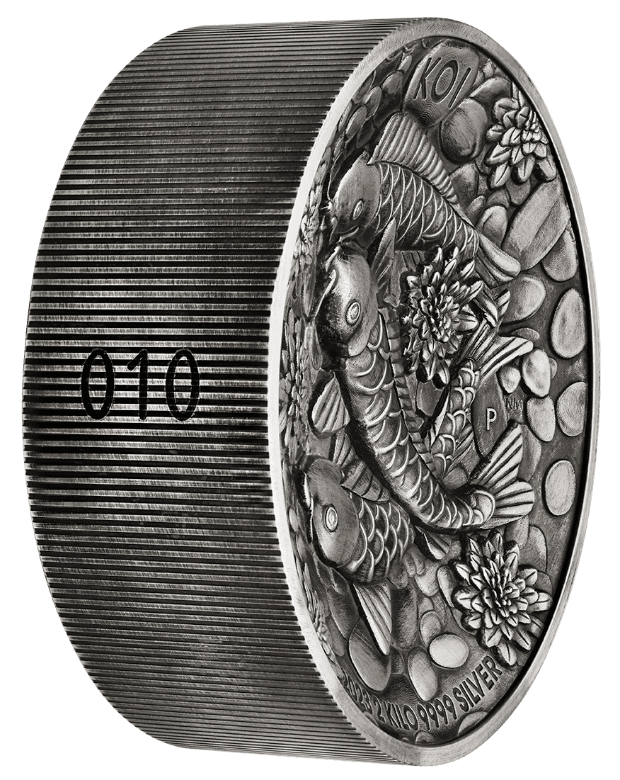 23P74AAA-2023-koi-fish-2-kilo-silver-antiqued-high-relief-coin-2023-koi-fish-2-kilo-silver-antiqued-high-relief-coin
